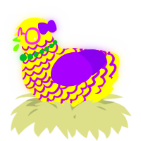 A yellow and violet chicken with a lace pattern
