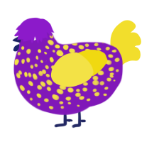 A violet and yellow chicken with a speckle pattern