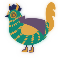 A teal and orange chicken with a bar pattern