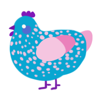 A cerulean and pink chicken with a speckle pattern