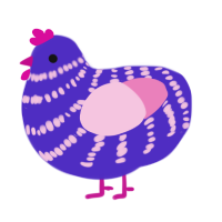 A indigo and pink chicken with a bar pattern