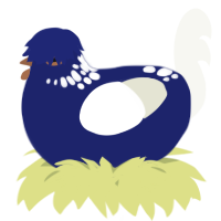 A navy and white chicken with a neck-speckle pattern