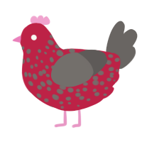 A crimson and grey chicken with a speckle pattern