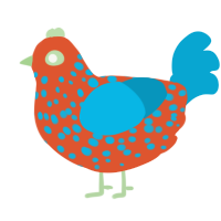 A vermilion and cerulean chicken with a speckle pattern