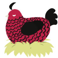 A crimson and black chicken with a lace pattern