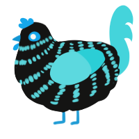 A black and aqua chicken with a bar pattern