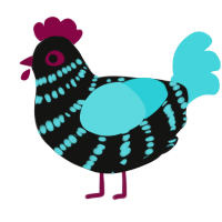 A black and aqua chicken with a bar pattern