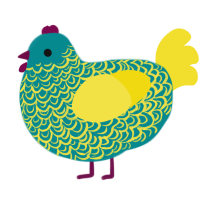 A teal and yellow chicken with a double-lace pattern