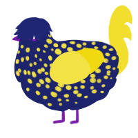 A navy and yellow chicken with a speckle pattern