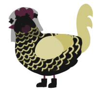 A black and yellow chicken with a lace pattern