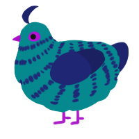 A teal and navy chicken with a bar pattern
