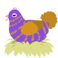 A blurple and ochre chicken with a bar pattern