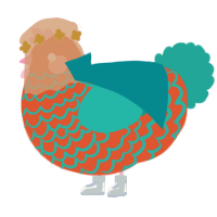 A vermilion and turquoise chicken with a lace pattern