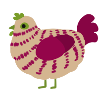A beige and maroon chicken with a bar pattern