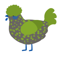 A grey and chartreuse chicken with a speckle pattern