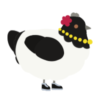 A white and sable chicken with a head pattern