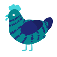 A teal and navy chicken with a bar pattern