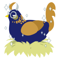 A navy and gold chicken with a neck-speckle pattern