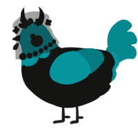 A black and teal chicken with a head pattern