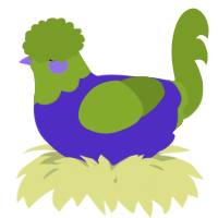 A indigo and chartreuse chicken with a head pattern