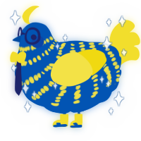 A ultramarine and yellow chicken with a bar pattern