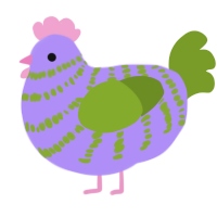 Fever, a lilac and chartreuse chicken with a bar pattern