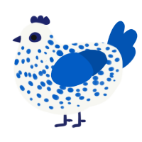 A white and ultramarine chicken with a speckle pattern
