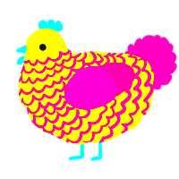 A yellow and fuchsia chicken with a lace pattern