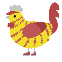 A yellow and red chicken with a bar pattern