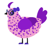 A pink and violet chicken with a speckle pattern