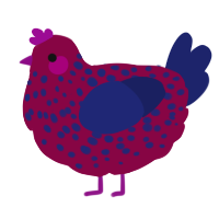 A maroon and navy chicken with a speckle pattern