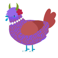 A blurple and red chicken with a double-lace pattern