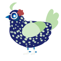 A navy and gluppy chicken with a speckle pattern