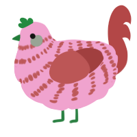 A pink and red chicken with a bar pattern