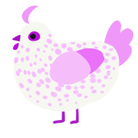 A white and lavender chicken with a speckle pattern