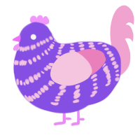 A blurple and pink chicken with a bar pattern