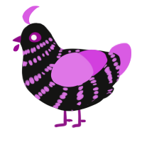 A black and orchid chicken with a bar pattern
