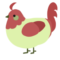 A apple and red chicken with a head pattern