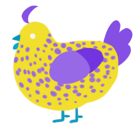 Spot, a yellow and blurple chicken with a speckle pattern