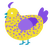 Spot, a yellow and blurple chicken with a speckle pattern