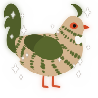 A beige and olive chicken with a bar pattern