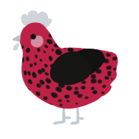 A crimson and black chicken with a speckle pattern