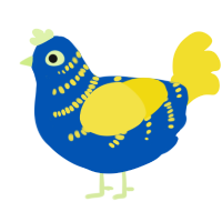 A ultramarine and yellow chicken with a half-bar pattern