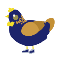 A navy and gold chicken with a neck-speckle pattern