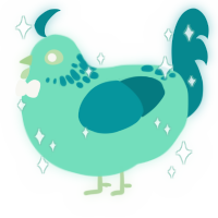 A mint and teal chicken with a neck-speckle pattern
