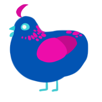 A ultramarine and fuchsia chicken with a neck-speckle pattern