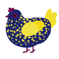 A navy and yellow chicken with a speckle pattern