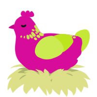 A fuchsia and lime chicken with a neck-speckle pattern