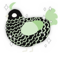A black and gluppy chicken with a lace pattern