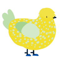 A yellow and gluppy chicken with a speckle pattern